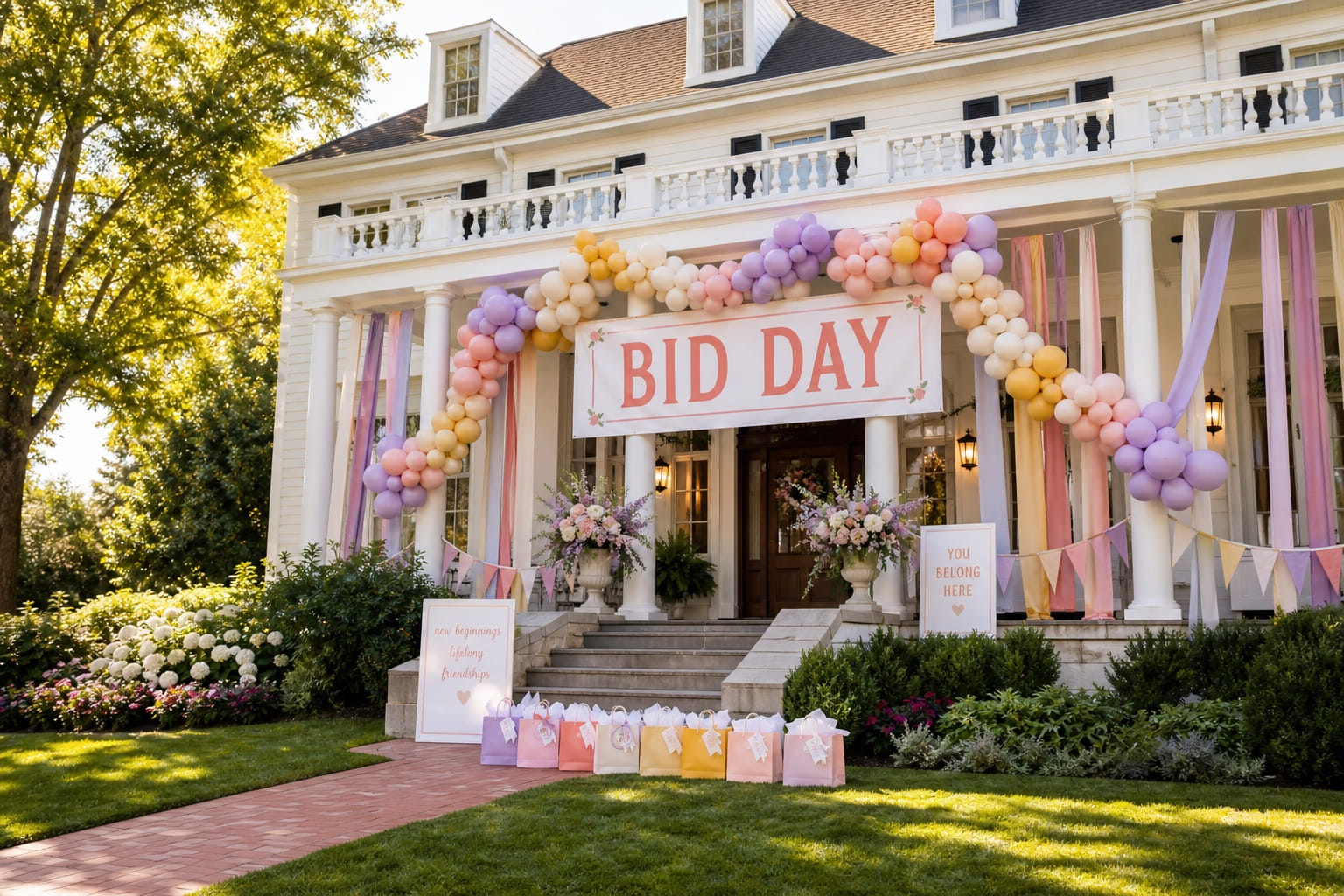 Sorority house decorated with balloons, flowers, and a Bid Day banner